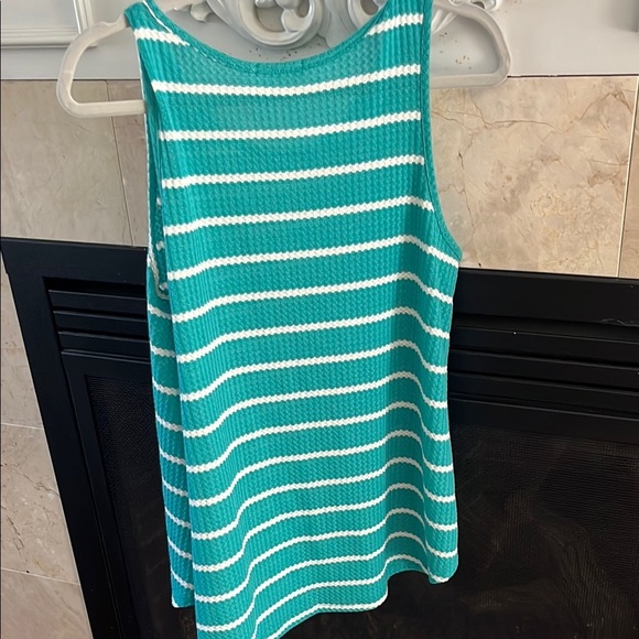 Aqua and White Striped waffle knit Tank Top - Picture 4 of 4